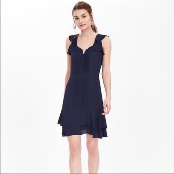 Banana Republic Navy Flutter Sleeve Pleated Front Dress - Picture 1 of 4